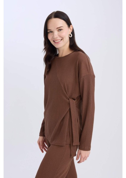 Regular Fit Bisiklet Yaka Bağlamalı Bürümcük Uzun Kollu Tişört E1800AX24WN