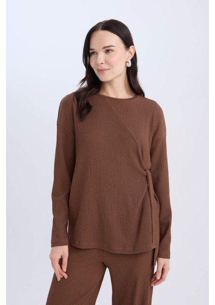 Regular Fit Bisiklet Yaka Bağlamalı Bürümcük Uzun Kollu Tişört E1800AX24WN