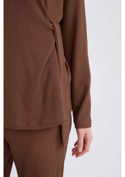 Regular Fit Bisiklet Yaka Bağlamalı Bürümcük Uzun Kollu Tişört E1800AX24WN