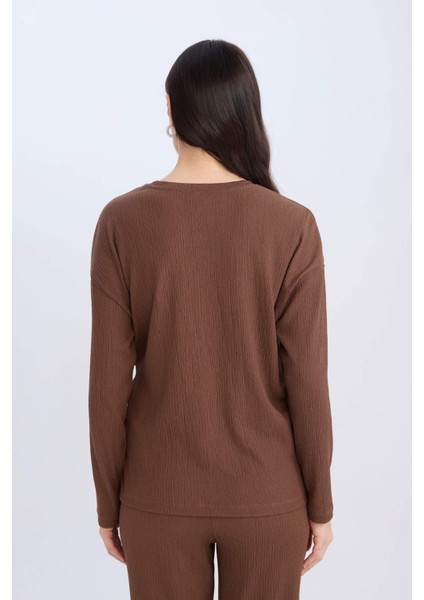 Regular Fit Bisiklet Yaka Bağlamalı Bürümcük Uzun Kollu Tişört E1800AX24WN