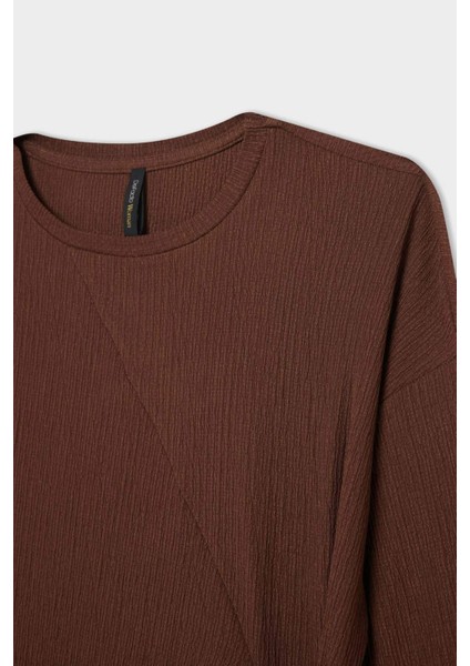 Regular Fit Bisiklet Yaka Bağlamalı Bürümcük Uzun Kollu Tişört E1800AX24WN