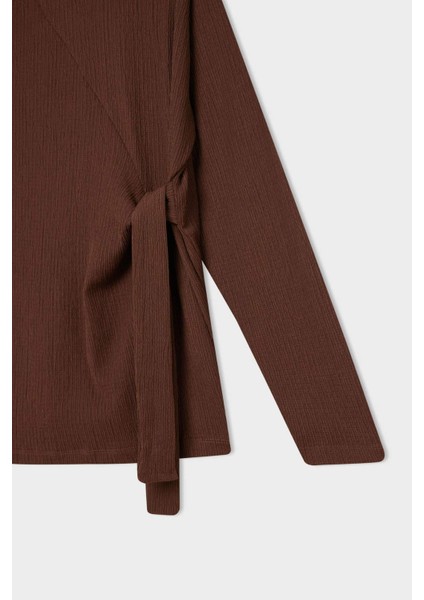 Regular Fit Bisiklet Yaka Bağlamalı Bürümcük Uzun Kollu Tişört E1800AX24WN