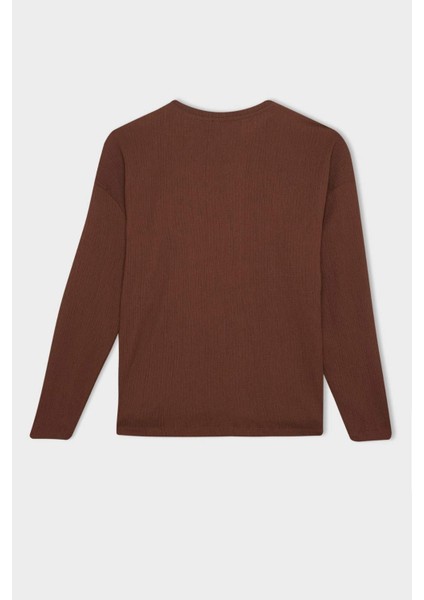 Regular Fit Bisiklet Yaka Bağlamalı Bürümcük Uzun Kollu Tişört E1800AX24WN