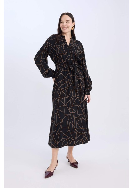 A Kesim Fiyonk Yaka Desenli Belmando Uzun Kollu Maxi Elbise D5948AX24WN