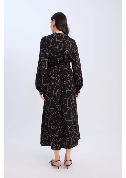 A Kesim Fiyonk Yaka Desenli Belmando Uzun Kollu Maxi Elbise D5948AX24WN