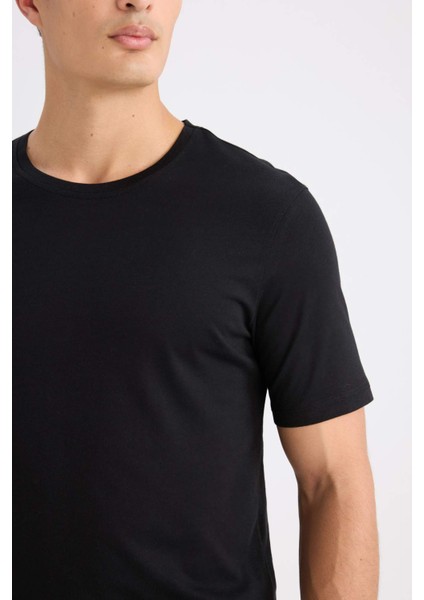Slim Fit Dar Kesim Bisiklet Yaka Modal Karışımlı Pamuklu Basic Düz Siyah Kısa Kollu Tişört M6606AZ24AU