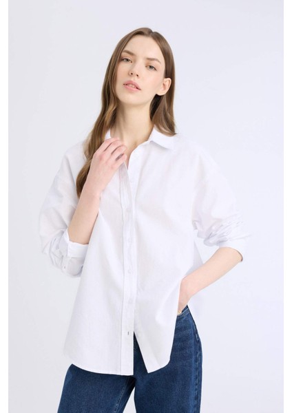 %100 Pamuk Oversize Geniş Kalıp Basic Düz Oxford Uzun Kollu Gömlek Z4893AZ25SP