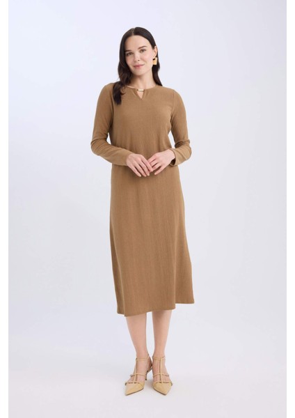 Bisiklet Yaka Basic Düz Bürümcük Uzun Kollu Maxi Elbise E1790AX24WN