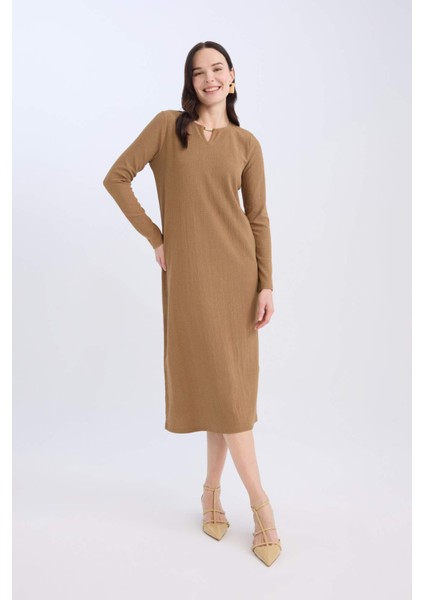 Bisiklet Yaka Basic Düz Bürümcük Uzun Kollu Maxi Elbise E1790AX24WN