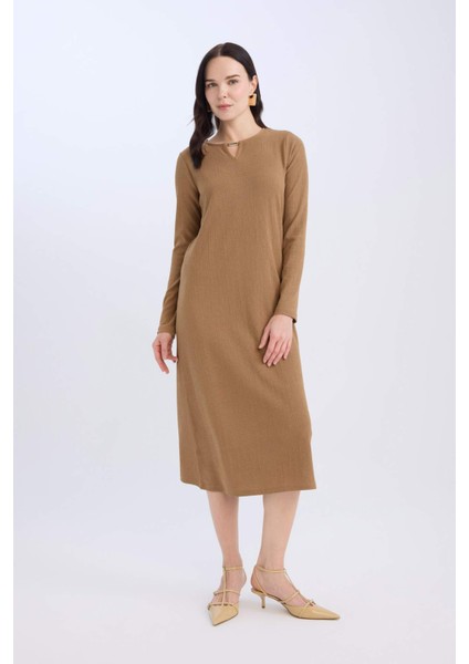 Bisiklet Yaka Basic Düz Bürümcük Uzun Kollu Maxi Elbise E1790AX24WN