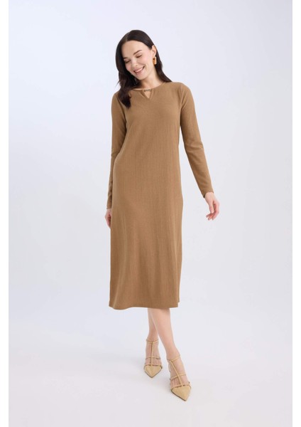 Bisiklet Yaka Basic Düz Bürümcük Uzun Kollu Maxi Elbise E1790AX24WN