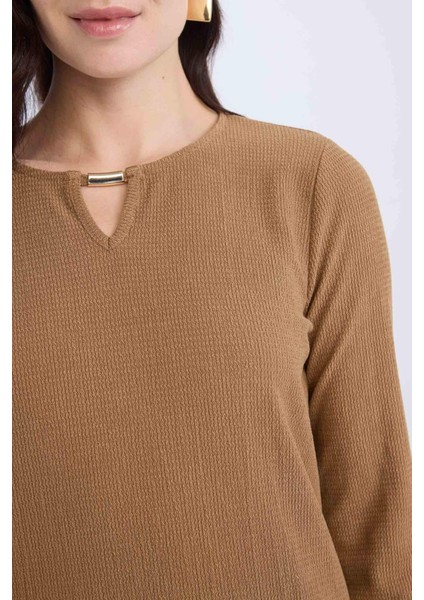 Bisiklet Yaka Basic Düz Bürümcük Uzun Kollu Maxi Elbise E1790AX24WN