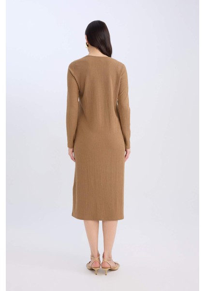 Bisiklet Yaka Basic Düz Bürümcük Uzun Kollu Maxi Elbise E1790AX24WN