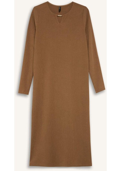 Bisiklet Yaka Basic Düz Bürümcük Uzun Kollu Maxi Elbise E1790AX24WN