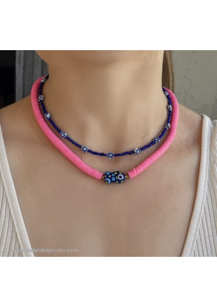 Boncuklu Kolye Seti 2li Pembe Mavi Kolye Balıklı Murano Camlı Kolye