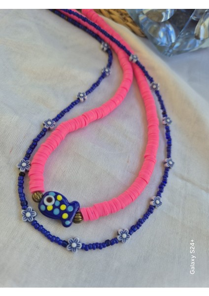 Boncuklu Kolye Seti 2li Pembe Mavi Kolye Balıklı Murano Camlı Kolye modelleri