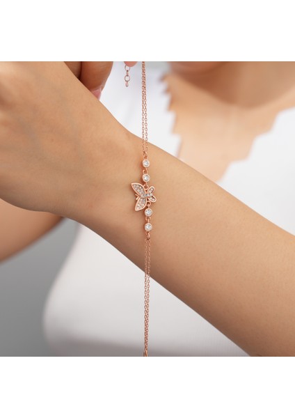 925 Ayar Rose Kaplama Zirkon Taşlı Kelebek Gümüş Bileklik