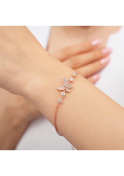 925 Ayar Rose Kaplama Zirkon Taşlı Kelebek Gümüş Bileklik fiyatları