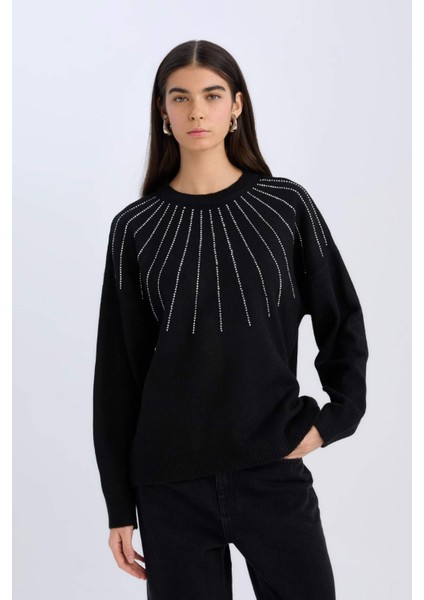 Oversize Geniş Kalıp Bisiklet Yaka Yumuşak Dokulu Taşlı Triko Kazak E2250AX24WN