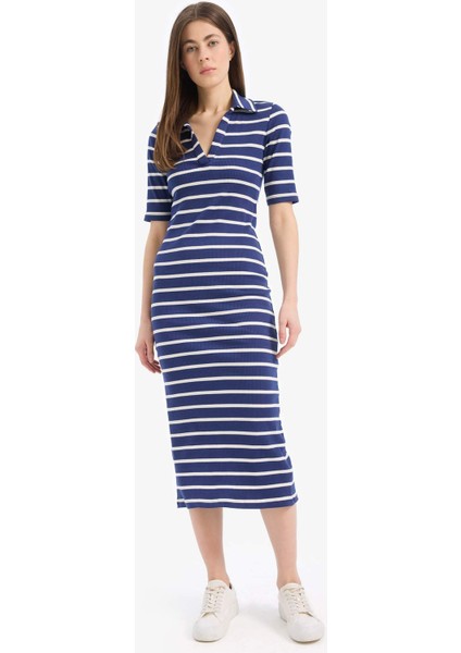 Bodycon Vücudu Saran Polo Yaka Çizgili Fitilli Kaşkorse Kısa Kollu Midi Elbise E2225AX25SP