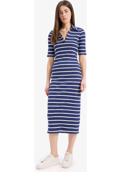 Bodycon Vücudu Saran Polo Yaka Çizgili Fitilli Kaşkorse Kısa Kollu Midi Elbise E2225AX25SP