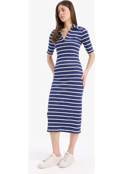 Bodycon Vücudu Saran Polo Yaka Çizgili Fitilli Kaşkorse Kısa Kollu Midi Elbise E2225AX25SP