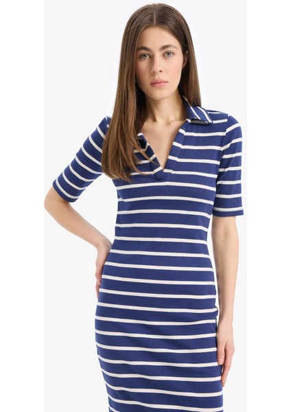 Bodycon Vücudu Saran Polo Yaka Çizgili Fitilli Kaşkorse Kısa Kollu Midi Elbise E2225AX25SP