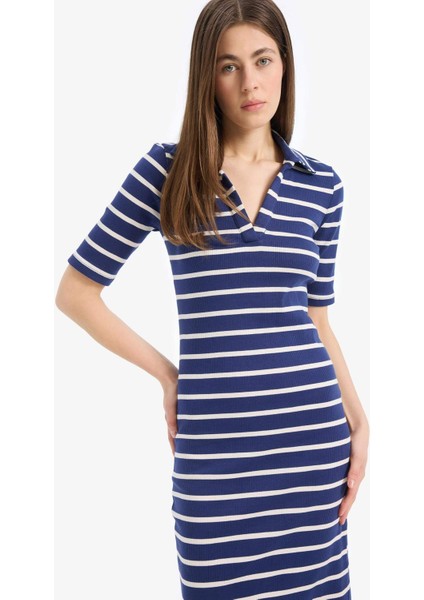 Bodycon Vücudu Saran Polo Yaka Çizgili Fitilli Kaşkorse Kısa Kollu Midi Elbise E2225AX25SP