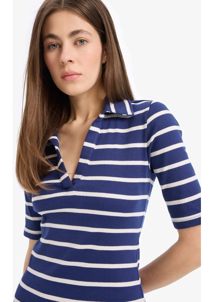 Bodycon Vücudu Saran Polo Yaka Çizgili Fitilli Kaşkorse Kısa Kollu Midi Elbise E2225AX25SP