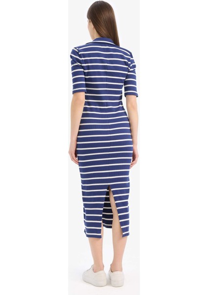 Bodycon Vücudu Saran Polo Yaka Çizgili Fitilli Kaşkorse Kısa Kollu Midi Elbise E2225AX25SP