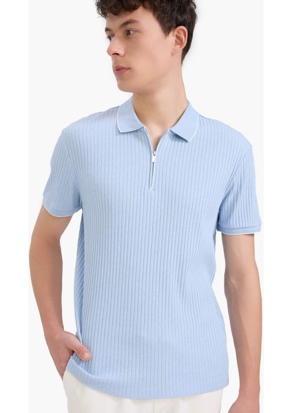 Slim Fit Dar Kesim Polo Yaka Kısa Kollu Fitilli Kaşkorse Yarım Fermuarlı Tişört D3948AX25SM