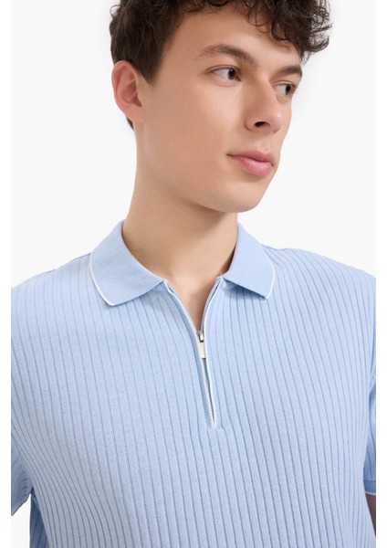 Slim Fit Dar Kesim Polo Yaka Kısa Kollu Fitilli Kaşkorse Yarım Fermuarlı Tişört D3948AX25SM