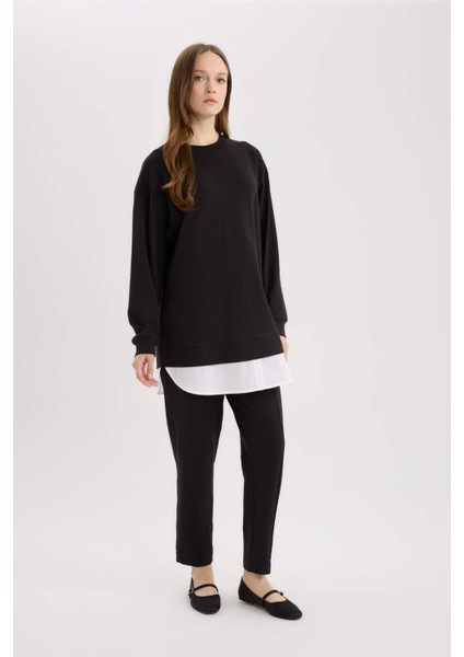 Regular Fit Bisiklet Yaka Basic Düz Sweatshirt Tunik