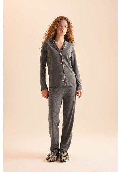 Pijama Takımı Regular Fit Uzun Kollu Üst Uzun Alt-Fall in Love E2246AXNS