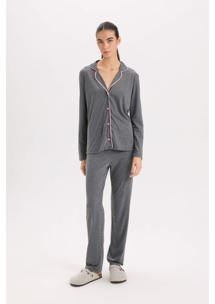 Pijama Takımı Regular Fit Uzun Kollu Üst Uzun Alt-Fall in Love E2246AXNS