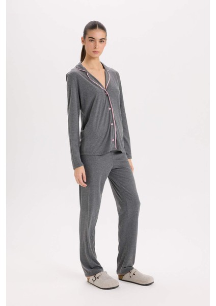 Pijama Takımı Regular Fit Uzun Kollu Üst Uzun Alt-Fall in Love E2246AXNS