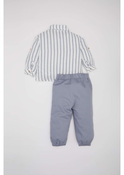 Erkek Bebek 2'li Takım Çizgili Gömlek Beli Paçası Lastikli Alt