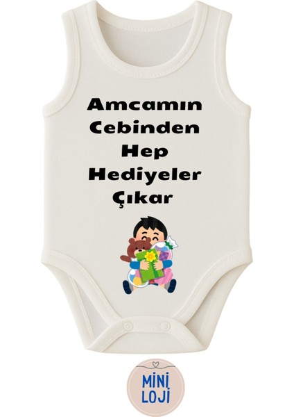 Amcamın Cebinden Hep Hediyeler Çıkar Yazılı Özel Tasarım Bebek Zıbın Body – %100 Pamuklu, Unisex modelleri
