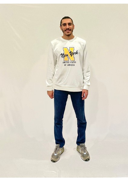 Erkek Bisiklet Yaka Rahat Kalıp 3 Iplik Kalın N Baskılı Sweatshirt SPR24SW25