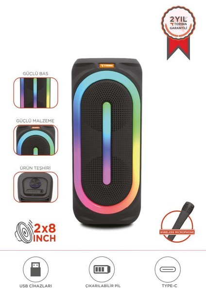 D63 2x8’’ 50 W Güçlü Bass Rgb Işıklı Kablosuz Mikrofonlu Bluetooth Hoparlör Speaker