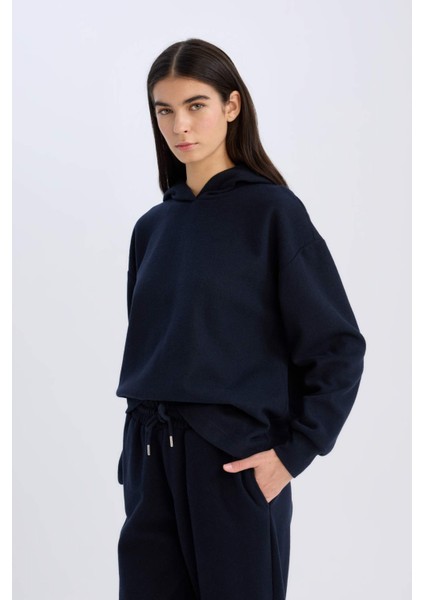 Relax Fit Kapüşonlu Basic Düz Sweatshirt