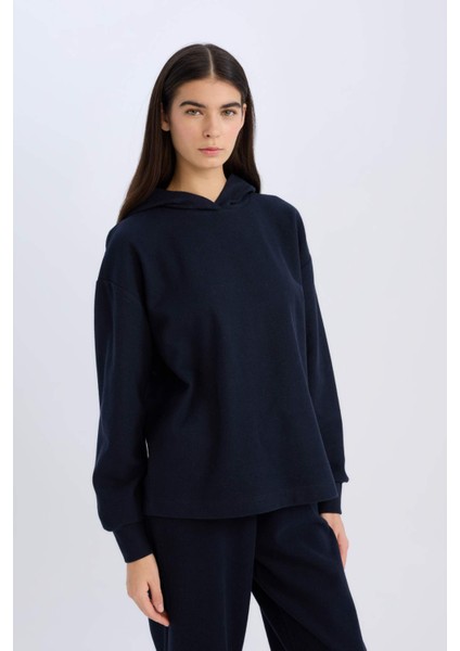 Relax Fit Kapüşonlu Basic Düz Sweatshirt