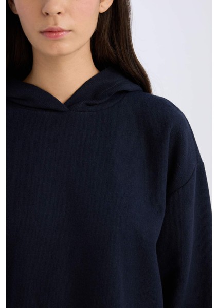 Relax Fit Kapüşonlu Basic Düz Sweatshirt