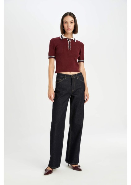 Regular Fit Düğmeli Polo Yaka Kısa Kollu Bordo Triko Kazak D4233AX24AU