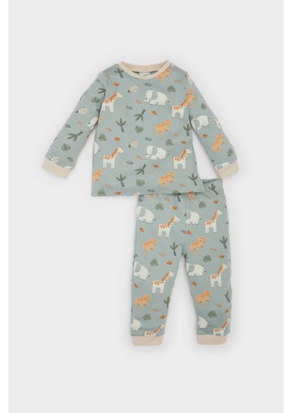 Erkek Bebek Pijama Takımı Safari Baskılı Uzun Kollu Üst Beli Lastikli Uzun Alt E0760A525SP