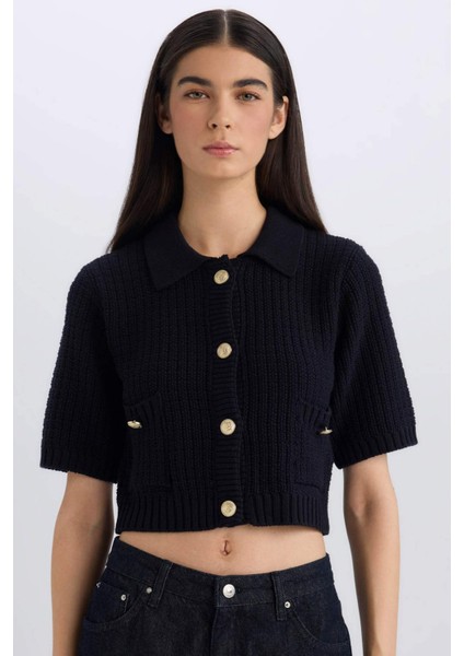 Cropped Fit Gömlek Yaka Düğmeli Triko Kısa Kollu Hırka E1977AX24WN