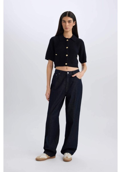 Cropped Fit Gömlek Yaka Düğmeli Triko Kısa Kollu Hırka E1977AX24WN