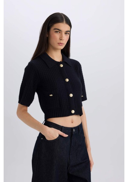 Cropped Fit Gömlek Yaka Düğmeli Triko Kısa Kollu Hırka E1977AX24WN