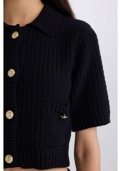 Cropped Fit Gömlek Yaka Düğmeli Triko Kısa Kollu Hırka E1977AX24WN