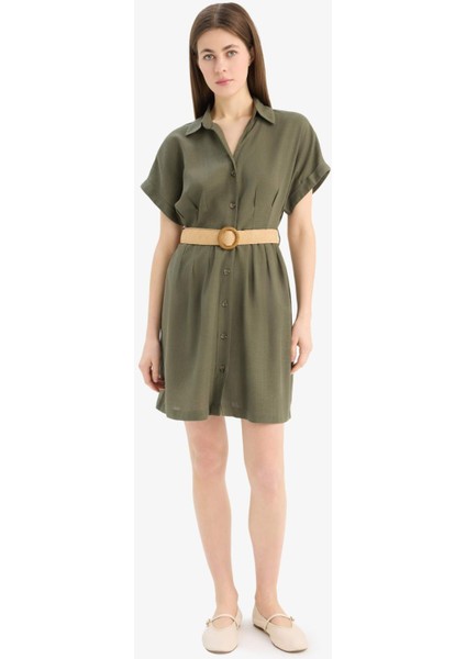 Gömlek Yaka Kemerli Keten Karışımlı Kısa Kollu Mini Elbise